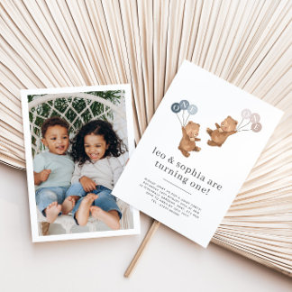 Bear Boy Girl Twins - Foto 1. Geburtstag Einladung