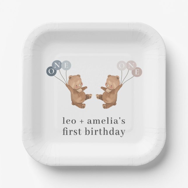 Bear Boy Girl Twins - Joint 1st Birthday Pappteller (Vorderseite)