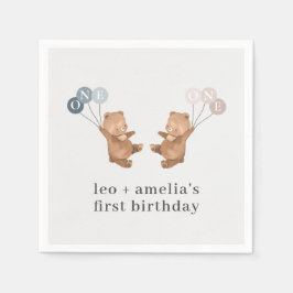 Bear Boy Girl Twins - Joint 1st Birthday Serviette