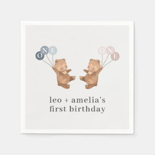 Bear Boy Girl Twins - Joint 1st Birthday Serviette