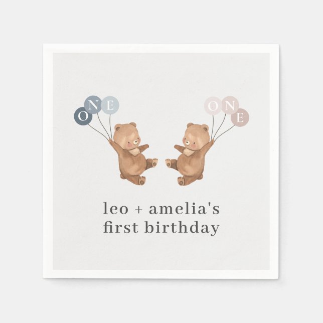 Bear Boy Girl Twins - Joint 1st Birthday Serviette (Vorderseite)