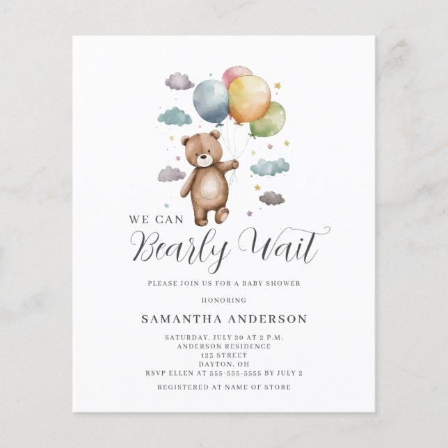 Bear Budget Baby Shower Einladung abwarten Flyer (Vorne)