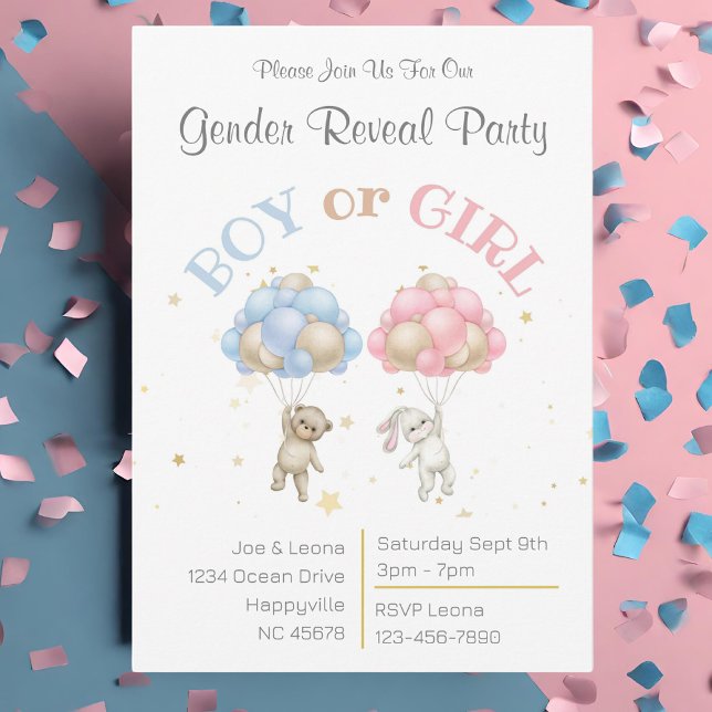 Bear & Bunny Genre Revela Party Invitation (Bear, bunny and balloons pink and blue gender reveal party invitation)