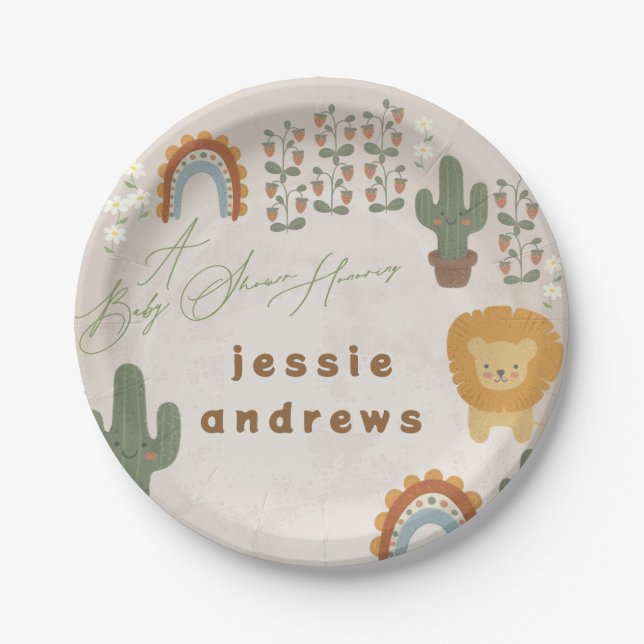 bear bunny lion cactus woodland modern Baby Shower Pappteller (Vorderseite)