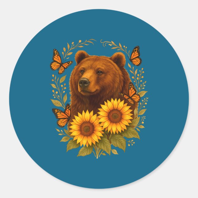 Bear Butterfly Nature Rustic Sunflower Monarch Art Runder Aufkleber (Vorderseite)
