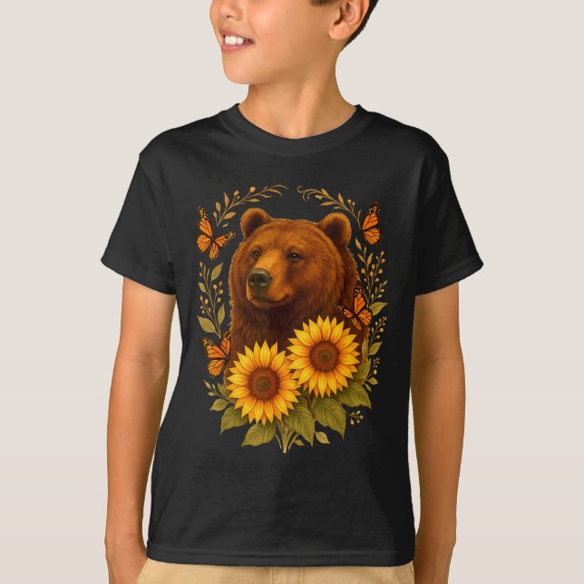 Bear Butterfly Nature Rustic Sunflower Monarch Art T-Shirt (Vorderseite)