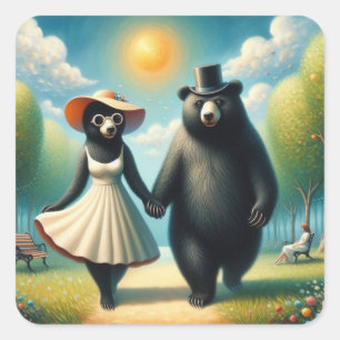 Bear Couple auf einem Spaziergang im Park Quadratischer Aufkleber