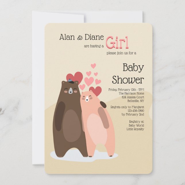 Bear Couple Girl Babydusche Einladung (Vorderseite)