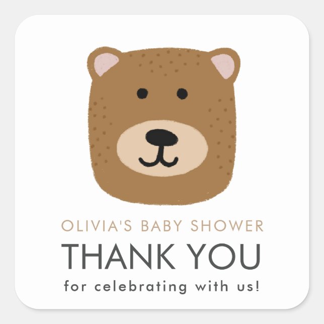 Bear cub Baby Dusche Danke Karte Quadratischer Aufkleber (Vorderseite)