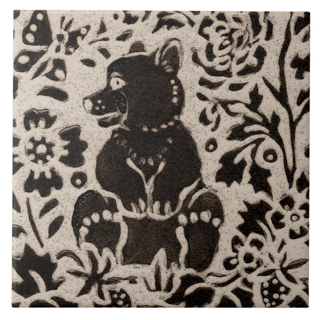 Bear Cub Batik Stoneware Woodland Animal Tan Grau Fliese (Vorderseite)