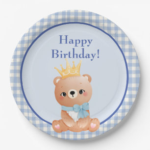 Bear Cub Blue Schachbrett Happy Birthday Pappteller