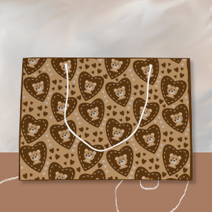 Bear Cub Face and Brown Heart Pattern Geschenktasc Große Geschenktüte