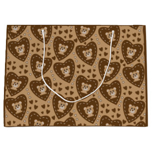 Bear Cub Face and Brown Heart Pattern Geschenktasc Große Geschenktüte