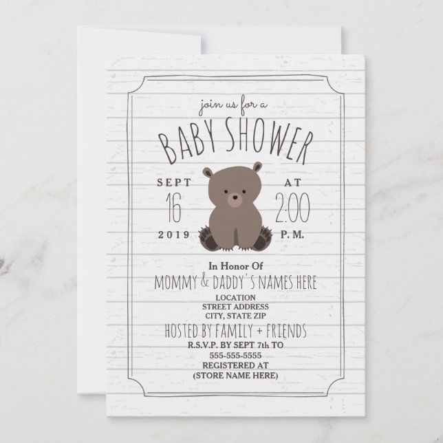 Bear Cub Gray Wood Baby Dusche Einladung (Vorderseite)