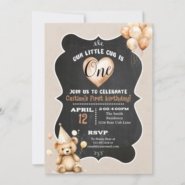 Bear Cub Invitation pour le premier anniversaire (Devant)