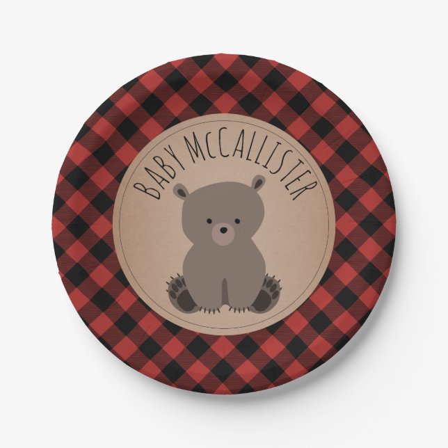 Bear Cub Lumberjack Kariert Baby Dusche Pappteller (Vorderseite)