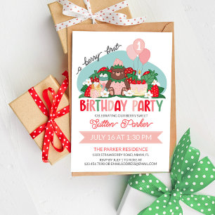 Bear Cub Pink Strawberry Berry 1. Geburtstag Party Einladung