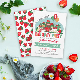Bear Cub Red Strawberry Berry 1. Geburtstag Party Einladung