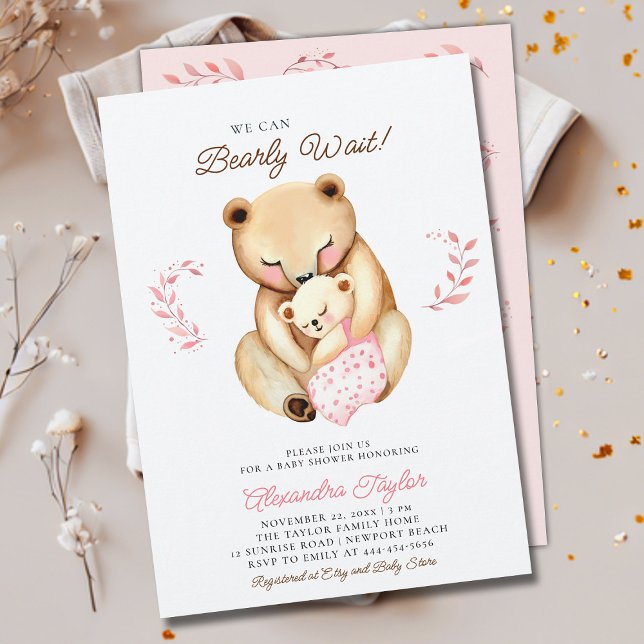 Bear Cub Woodland Baby Girl Dusche Einladung (we can bearly wait baby girl shower invitation mama bear cub woodland forest cute sweet animal)