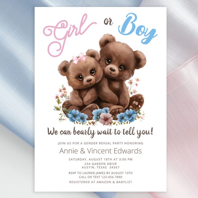 Bear Cubs Genre Reveillez Party Invitation (Sweet baby bear cubs with pink and blue flowers gender reveal invitation. Simply add your details.)