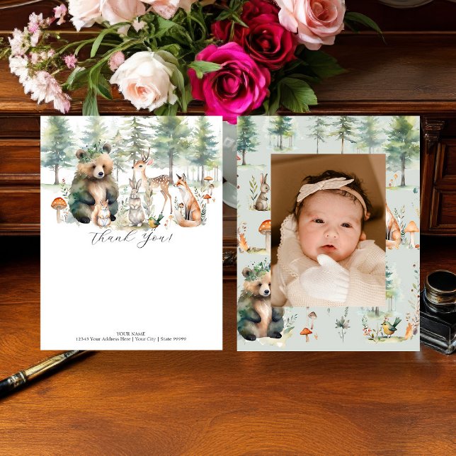 Bear Deer Forest Niedlicher Tiere Foto Baby Dusche Dankeskarte (Von Creator hochgeladen)