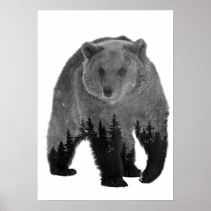 Bear Double Exposure Forest Trees Night Poster