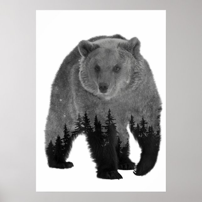 Bear Double Exposure Forest Trees Night Poster (Vorne)