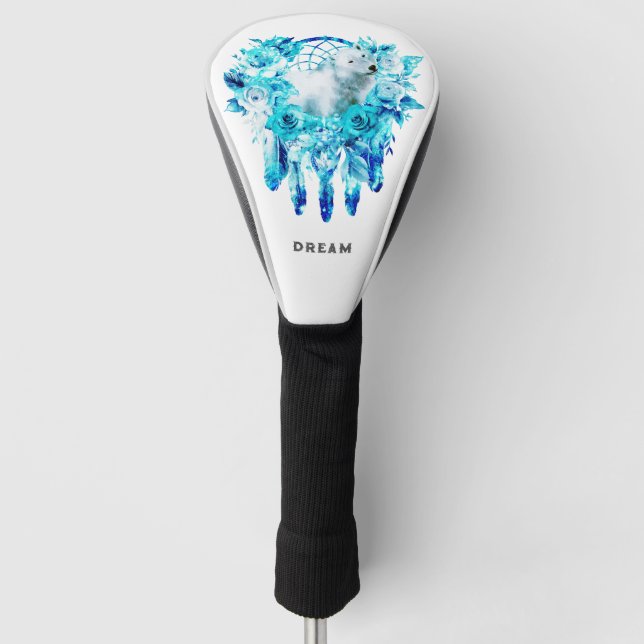 Bear Dreamcatcher Aquamarin Ice Blue Floral Golf Headcover (Vorderseite)