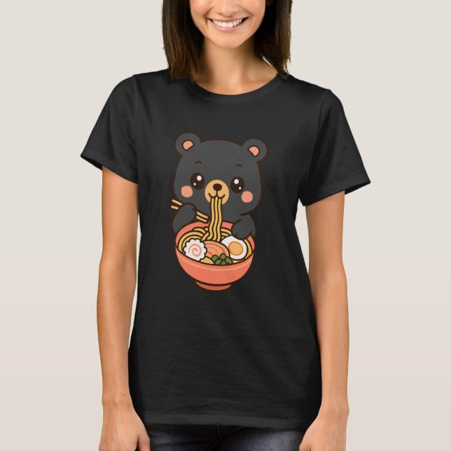 Bear Eating Ramen Noodles Kawaii Cute Funny T-Shirt (Vorderseite)