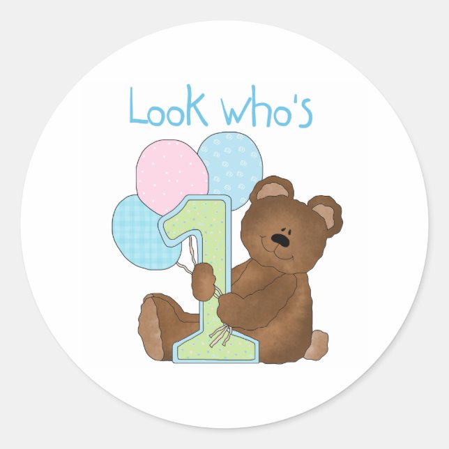Bear First Birthday Blue Runder Aufkleber (Vorderseite)
