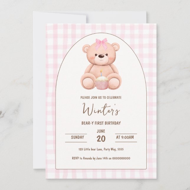 Bear First Birthday Neutral Teddy Pink Gingham Bow Einladung (Vorderseite)