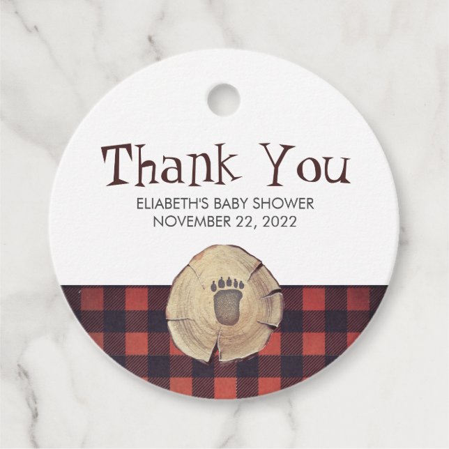 Bear Foot Print Lumberjack Baby Dusche Vielen Dank Geschenkanhänger (Vorderseite)