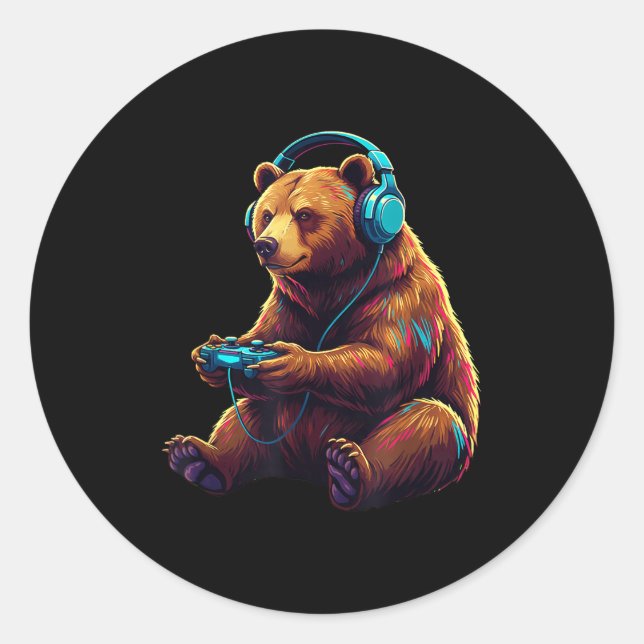 Bear Gaming Animal Video Games Funny Bear  Runder Aufkleber (Vorderseite)