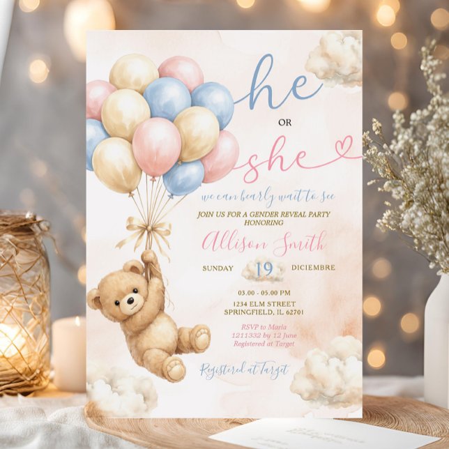 Bear Gender Reveal Pink and Blue Balloon Einladung (Von Creator hochgeladen)