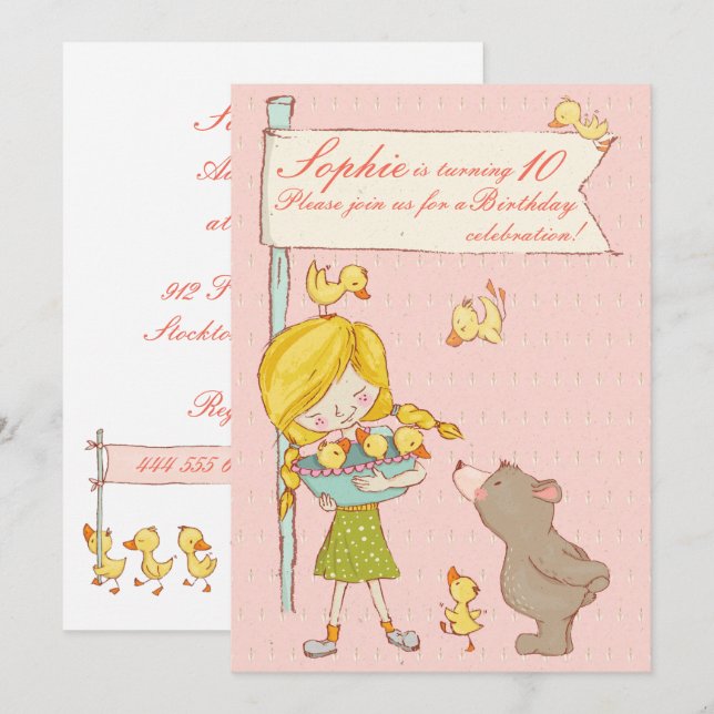 Bear Girl Ducklings Kinder Einladung zum Geburtsta (Vorne/Hinten)