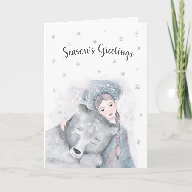 Bear & Girl personalisierte Weihnachten Karte (Vorderseite)