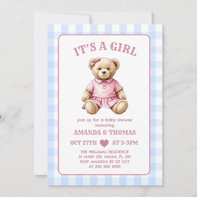 Bear Golf Girl Baby Dusche Einladung (Vorderseite)
