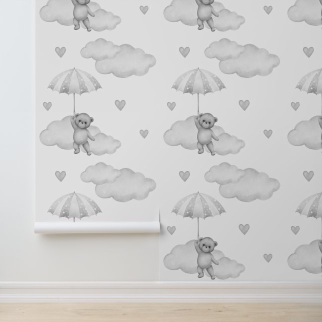 Bear Gray Regenschirmwolken hören neutrales Baby Tapete (Anwendung)