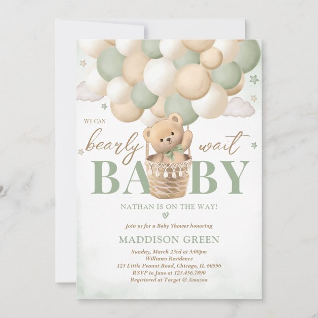 Bear Green Hot Air Ballon Babydusche Einladung (Vorderseite)