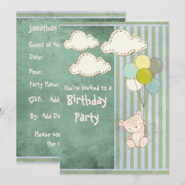 Bear Green Rustic Stripes Kindergeburtstag Einladung (Vorne/Hinten)