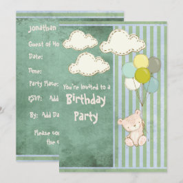 Bear Green Rustic Stripes Kindergeburtstag Einladung