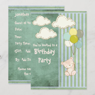 Bear Green Rustic Stripes Kindergeburtstag Einladung