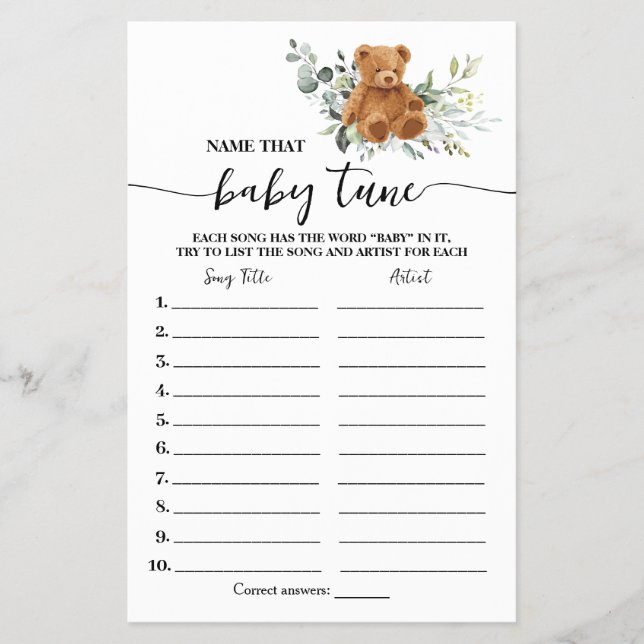 Bear Greenername Baby Tune Baby Shower Game Card Flyer (Vorne)
