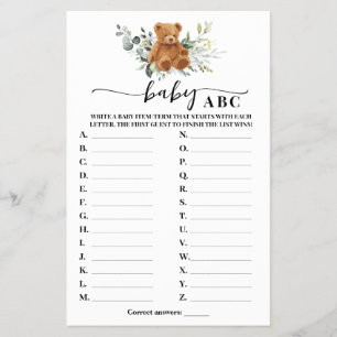 Bear Greenery Baby ABC Baby Shower Game Card Flyer