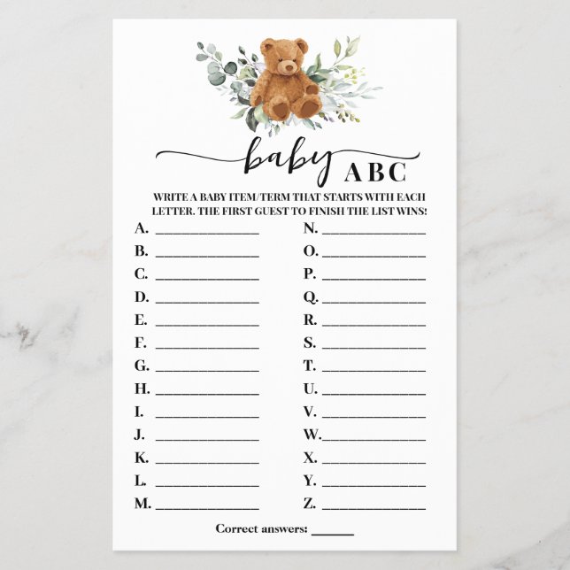 Bear Greenery Baby ABC Baby Shower Game Card Flyer (Vorne)