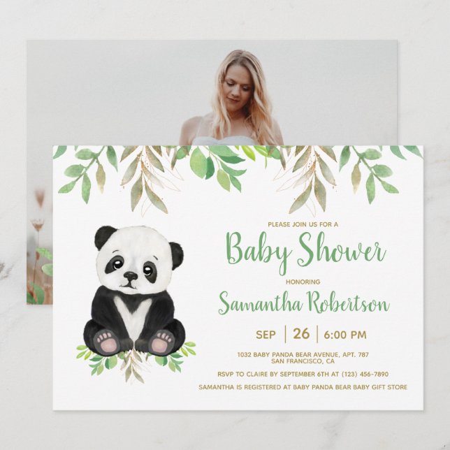 Bear Greenery Gender Neutral Baby Shower Foto Einladung (Vorne/Hinten)