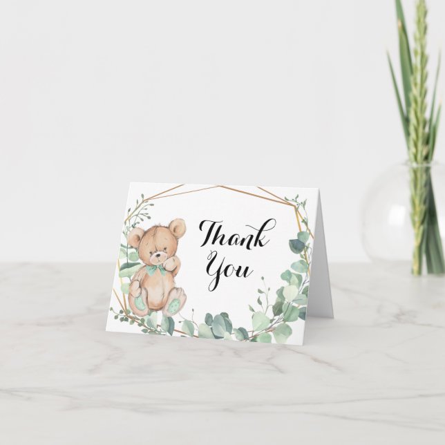 Bear Greenery Gold Baby Dusche Danke Karte (Vorderseite)