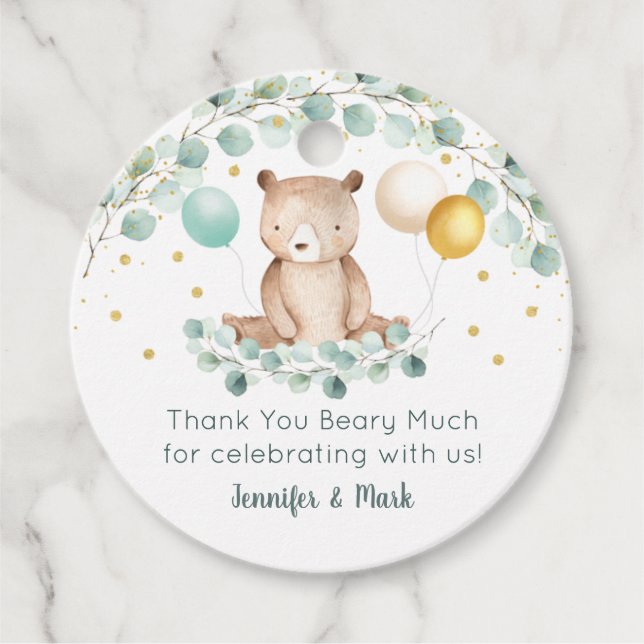 Bear Greenery Gold Baby Dusche Vielen Dank Geschenkanhänger (Vorderseite)