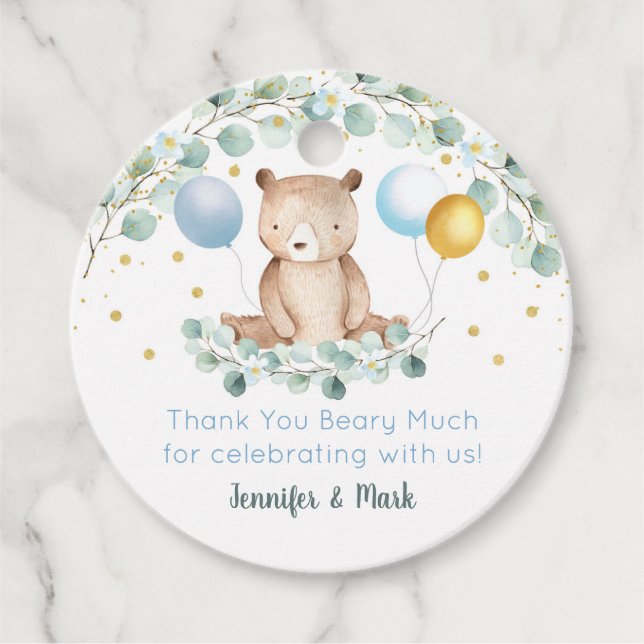 Bear Greenery Gold Blue Baby Dusche Vielen Dank Geschenkanhänger (Vorderseite)