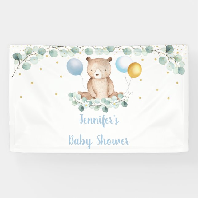 Bear Greenery Gold Blue Boy Baby Dusche Banner (Horizontal)